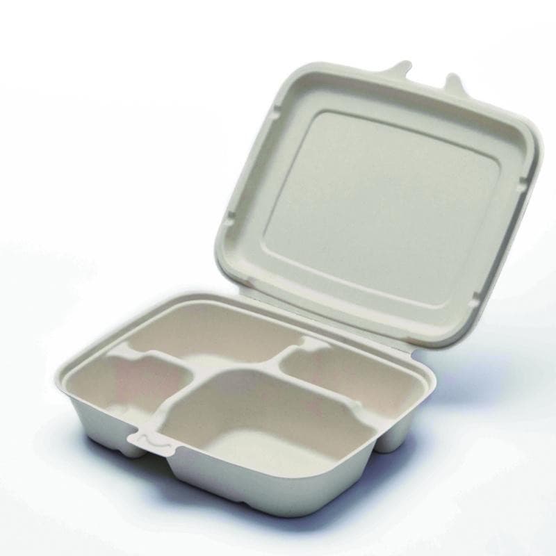 4 Compartment Pulp Rectangle Hinged Container.