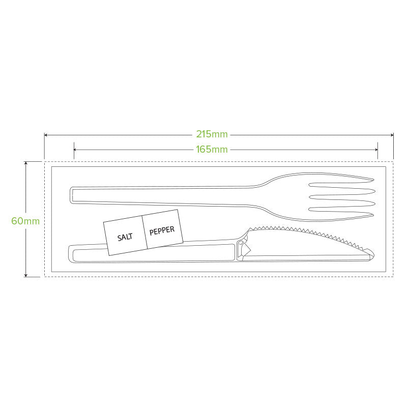 BioPak 6.5" PLA Knife,Fork,Spoon,Napkin,Salt & Pepper Set.