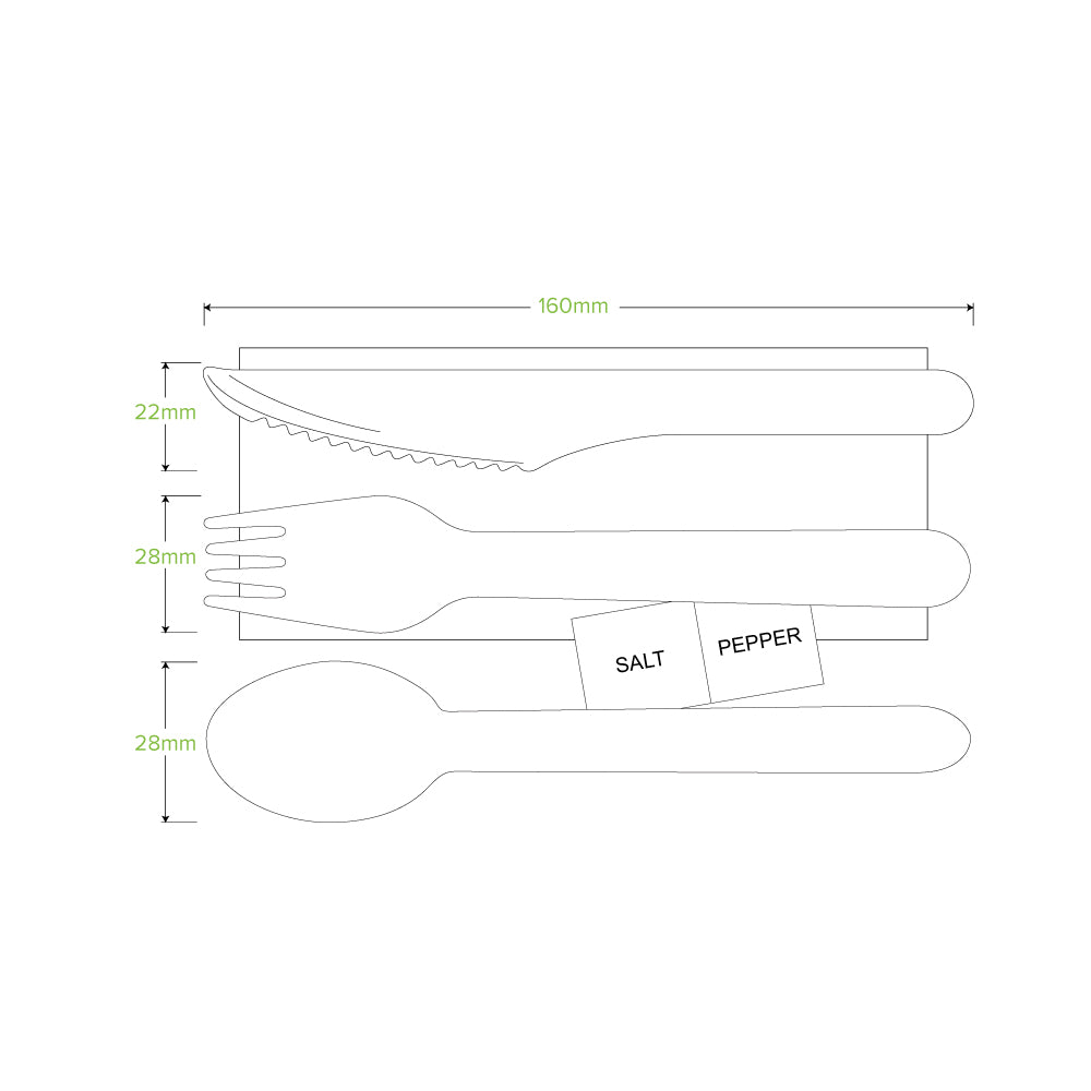 BioPak 16cm Wood Knife,Fork,Spoon,Napkin,Salt and Pepper Set.