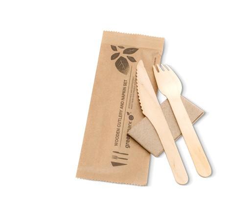 Wooden Fork/Knife/Napkin SET - Greenmark Disposable Takeaway Wooden Cutlery.