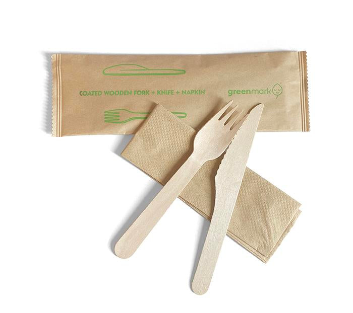 Greenmark Coated Wooden Fork, Knife & Napkin Set.