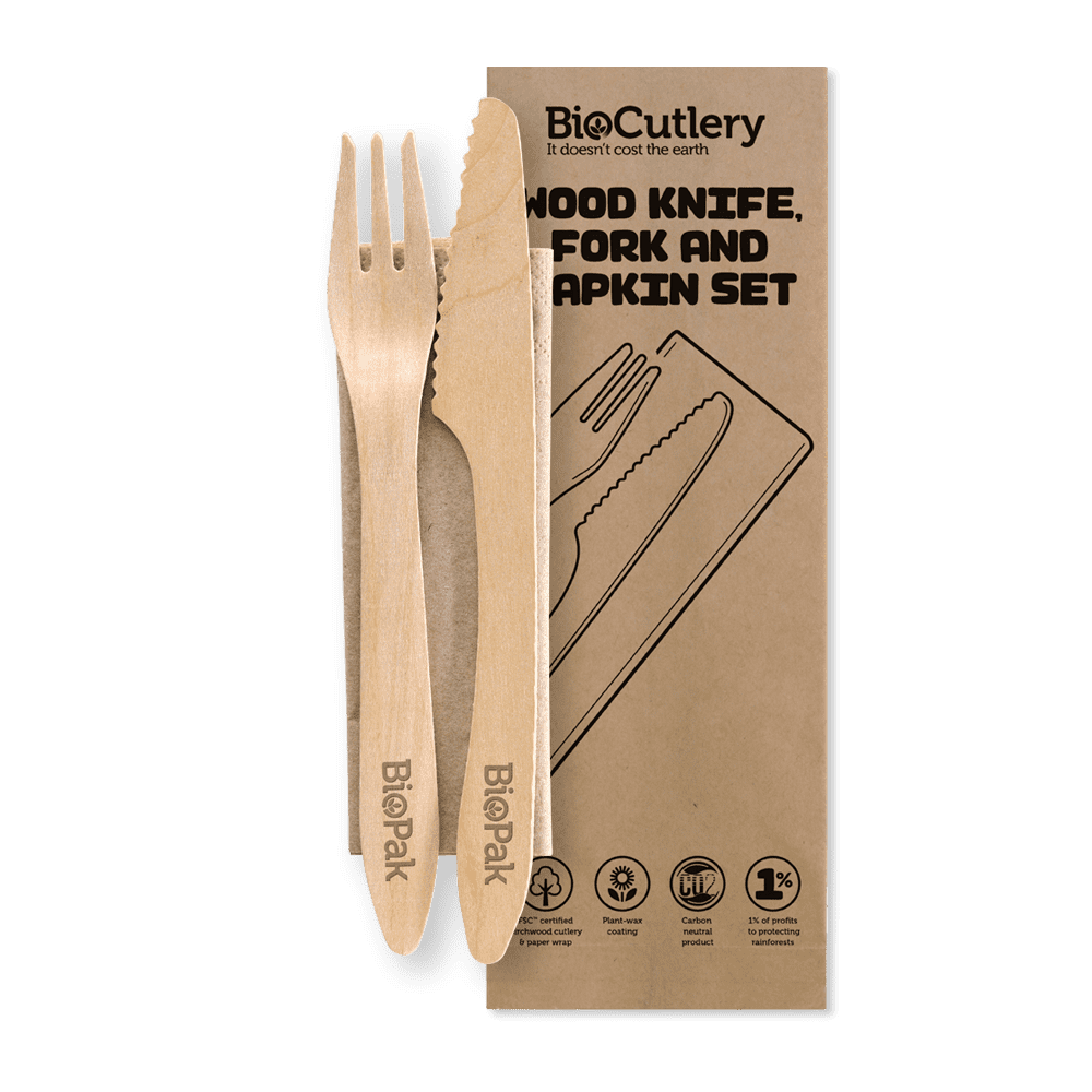 Individually Wrapped 19cm Coated Wooden Knife, Fork & Napkin Set