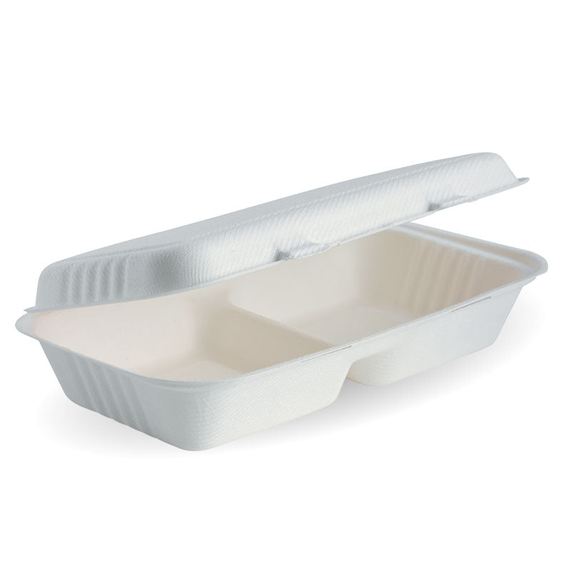 11x6x3" 2-Compartment White BioPak Brand Clamshell Made from Sugarcane Fibre - Home Compostable
