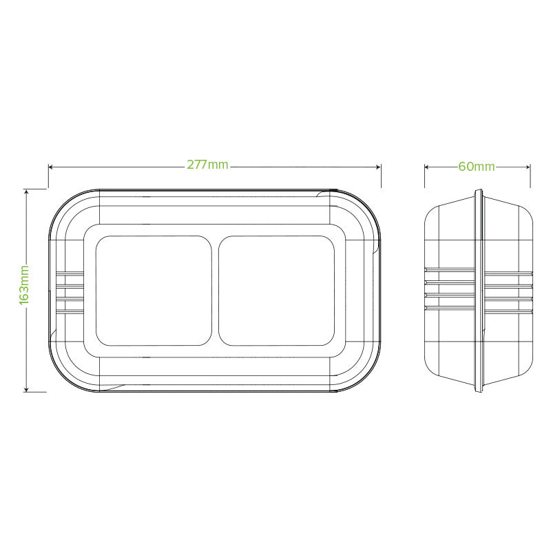 BioPak 11x6x3" 2-Compartment White Clamshell Made from Sugarcane Fibre - Home Compostable.