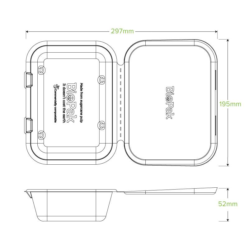 BioPak 7.5x5x1.9 Natural Clamshell Made from Sugarcane Fibre - Home Compostable.