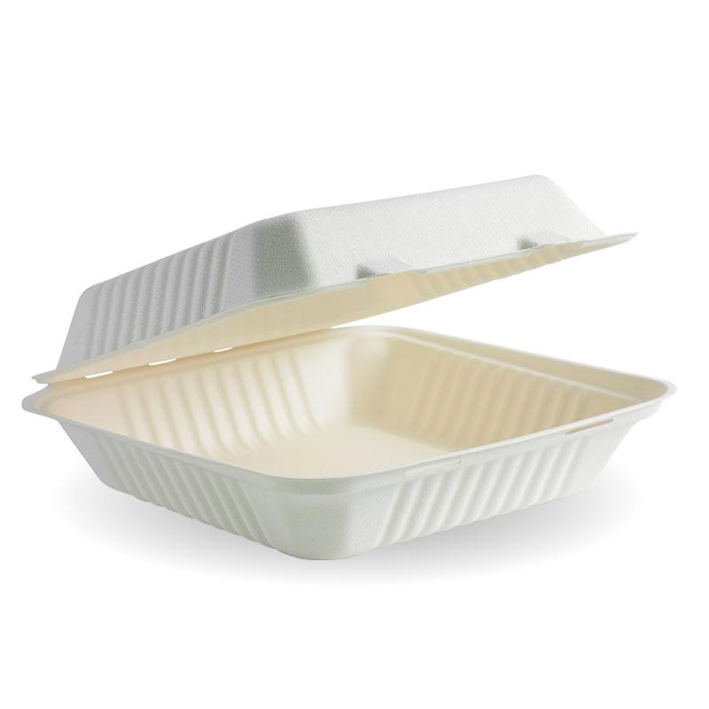 9x9x3" White BioPak Brand Clamshell Made from Sugarcane Fibre - Home Compostable