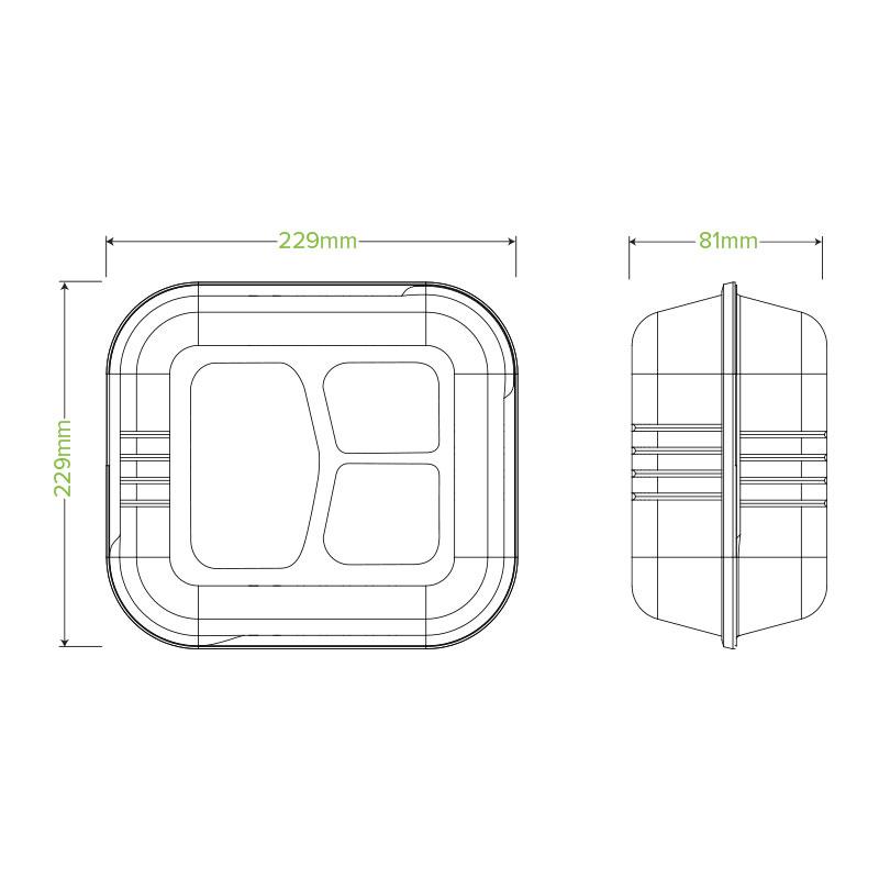 BioPak 9x9x3" 3-Compartment Clamshell Made from Sugarcane Fibre - Home Compostable.