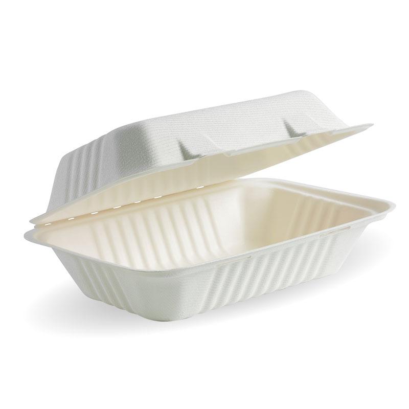 9x6x3" White BioPak Brand Clamshell Made from Sugarcane Fibre - Home Compostable