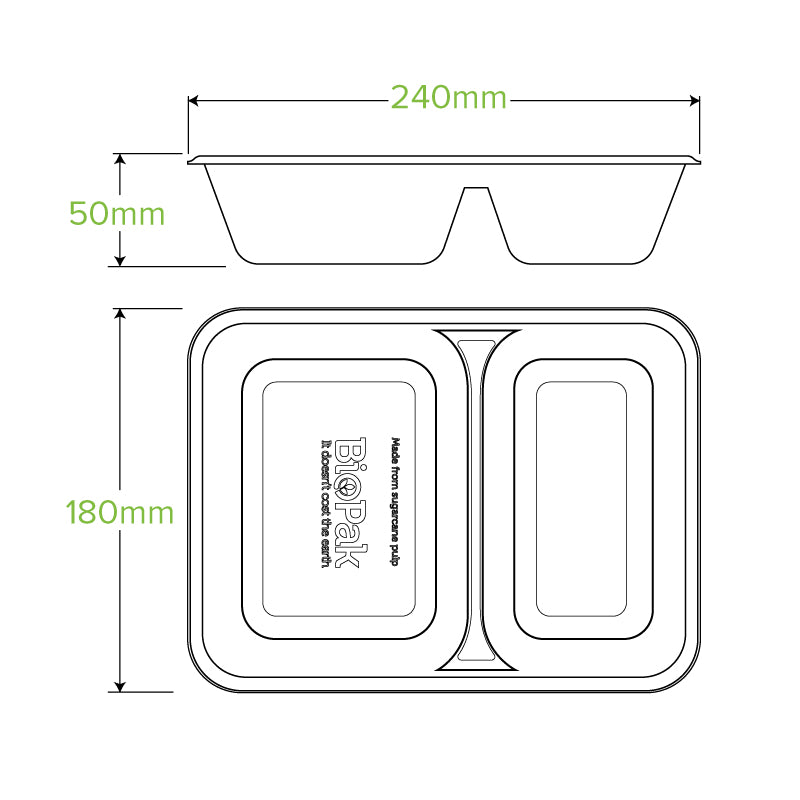 BioPak 2 Compartment Natural BioCane Takeaway Base.