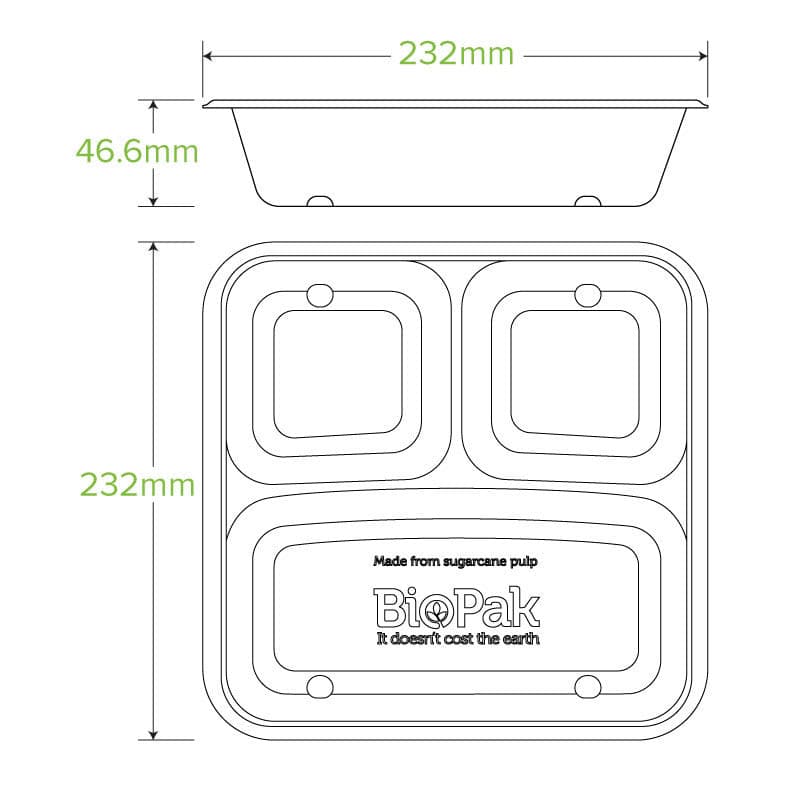 BioPak 3 Compartment Large Natural Sugarcane Fibre Takeaway Base specifications