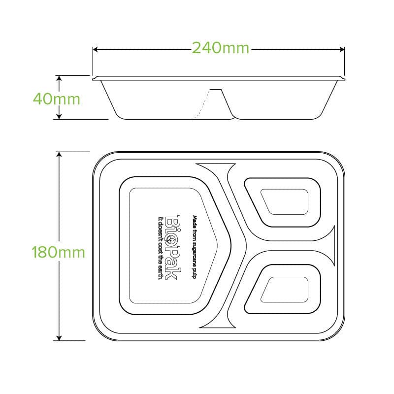 BioPak 3 Compartment Natural BioCane Takeaway Base.