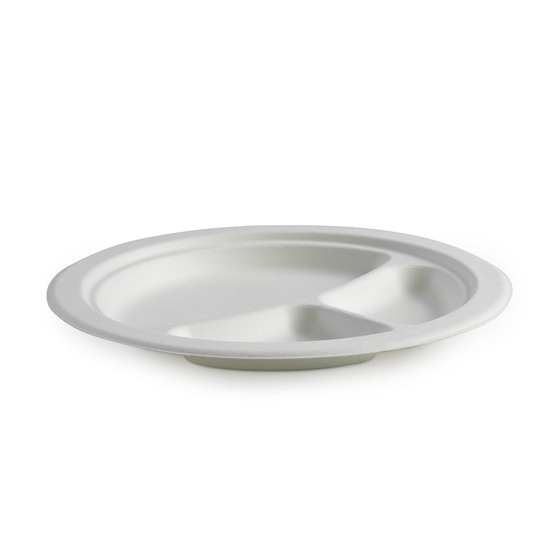 BioPak 9" 3-Compartment Round BioCane Plate.