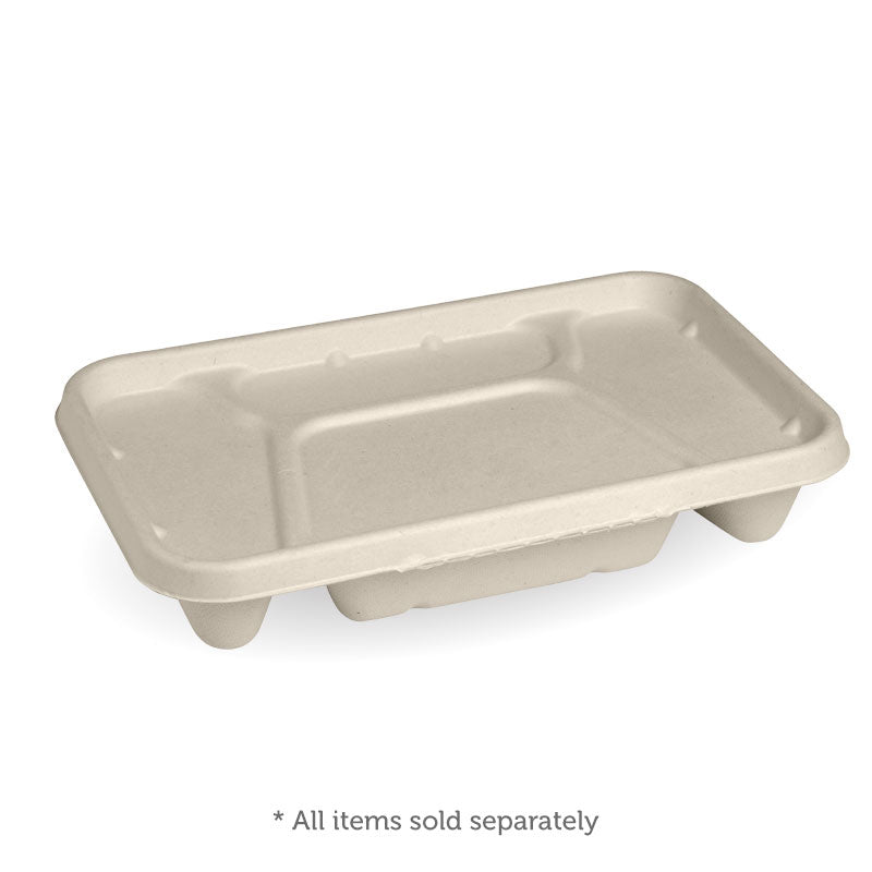 BioPak 4 Compartment Sugarcane Takeaway Base - Natural pictured with lid