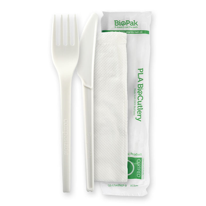 BioPak 6.5" PLA Knife, Fork & Napkin Set