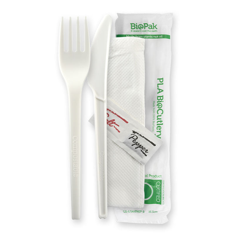 BioPak 6.5" PLA Knife, Fork, Napkin, Salt & Pepper Set