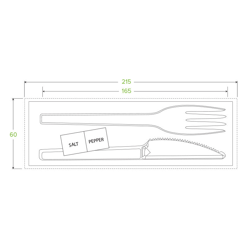 BioPak 6.5" PLA Knife, Fork, Napkin, Salt & Pepper Set.