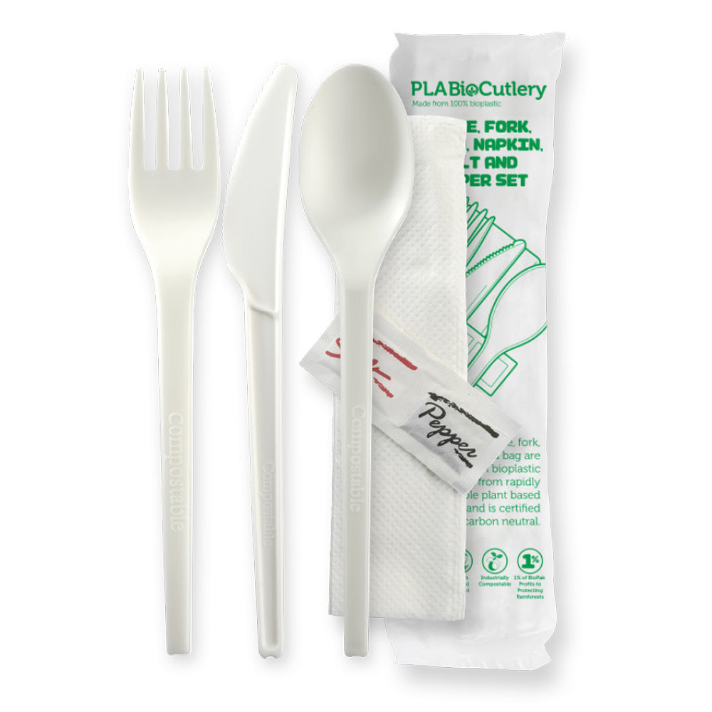 BioPak 6.5" PLA Knife,Fork,Spoon,Napkin,Salt & Pepper Set.