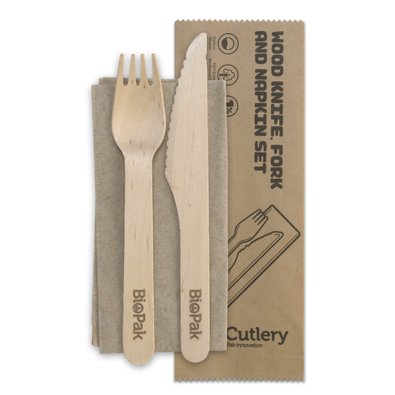 16cm Coated & individually wrapped disposable wooden Knife, Fork & Napkin Set
