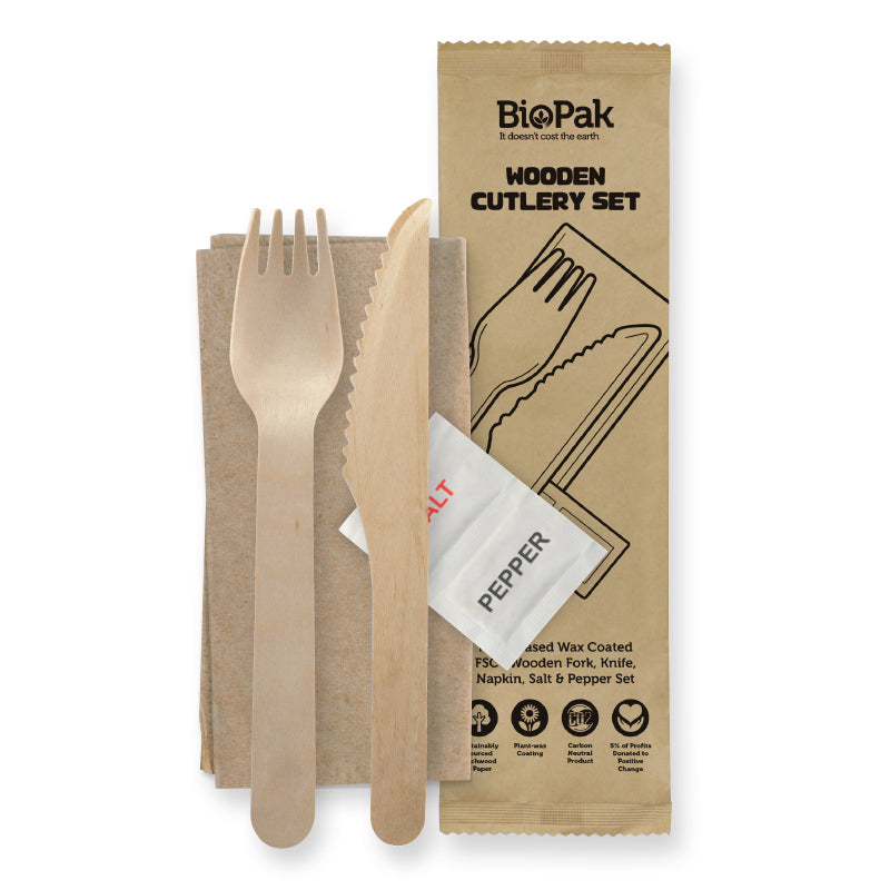 BioPak 16cm Coated Wood Knife,Fork,Napkin,Salt & Pepper Set.