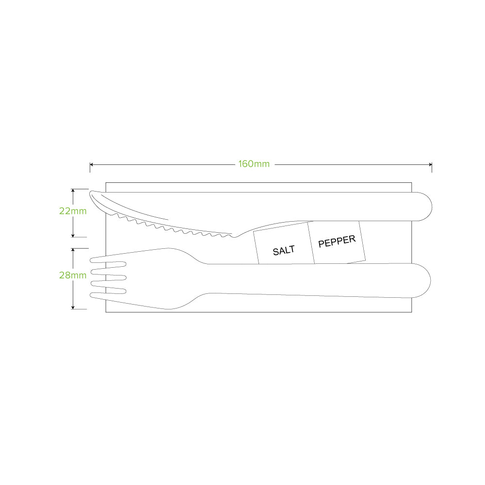 BioPak 16cm Coated Wood Knife,Fork,Napkin,Salt & Pepper Set.