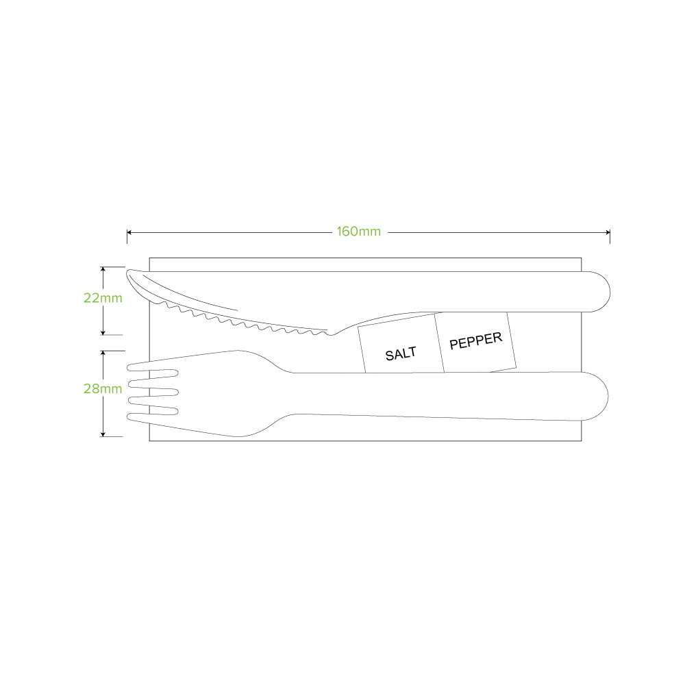 BioPak 16cm Wood Knife,Fork,Napkin,Salt & Pepper Set.