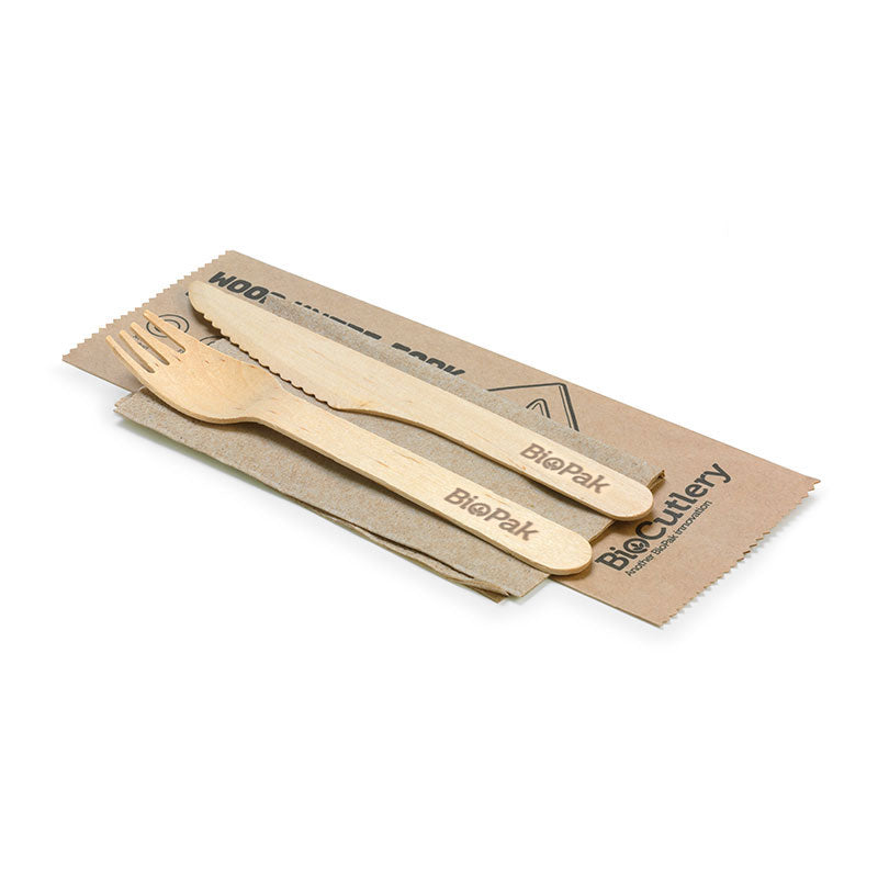 16cm individually wrapped disposable wooden Knife, Fork & Napkin Set