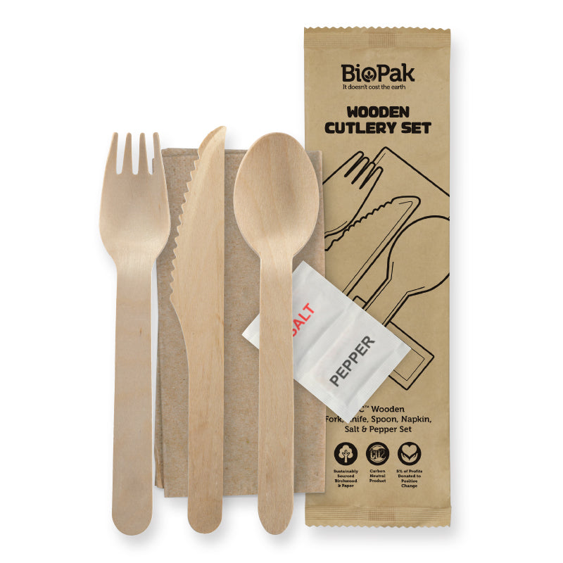 BioPak 16cm Wood Knife,Fork,Spoon,Napkin,Salt and Pepper Set.